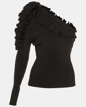 Zimmermann Black Ruffle Detail Rib Knit One Shoulder Top M
