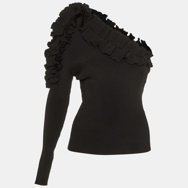 Zimmermann Black Ruffle Detail Rib Knit One Shoulder Top M