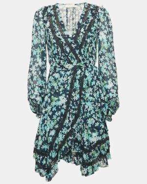 Zimmermann Blue Floral Print Crepe Ruffled Wrap Mini Dress S