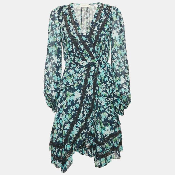 Zimmermann Blue Floral Print Crepe Ruffled Wrap Mini Dress S