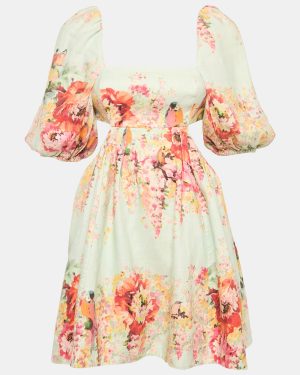 Zimmermann Blue Floral Print Linen Mae Cut Out Mini Dress S
