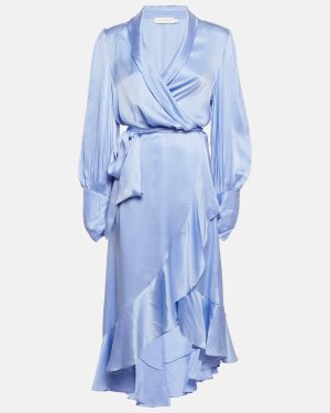 Zimmermann Blue Satin Silk Ruffled Wrap Dress XL