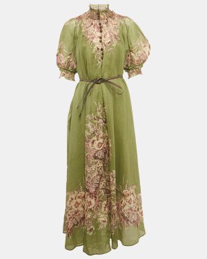 Zimmermann Green Printed Linen Belted Maxi Dress M
