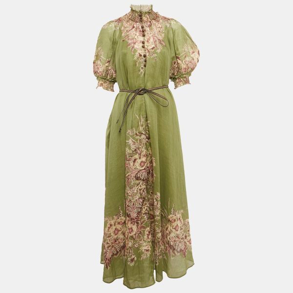 Zimmermann Green Printed Linen Belted Maxi Dress M