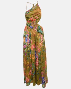 Zimmermann Green Tropical Print Cotton Asymmetric Long Dress M