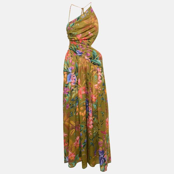 Zimmermann Green Tropical Print Cotton Asymmetric Long Dress M
