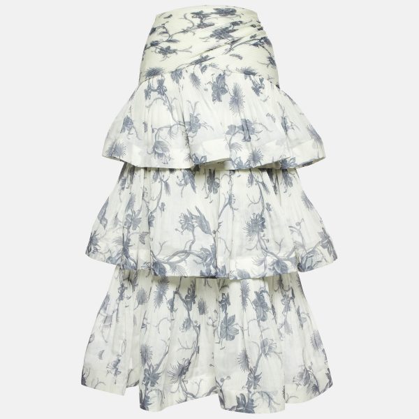 Zimmermann Kiera Navy Printed Silk Plisse Tiered Midi Skirt S