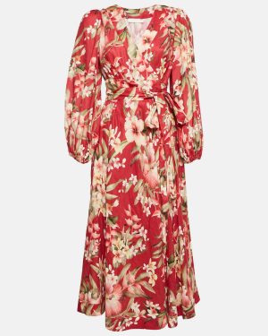 Zimmermann Red Floral Print Linen Lexi Wrap Long Dress S