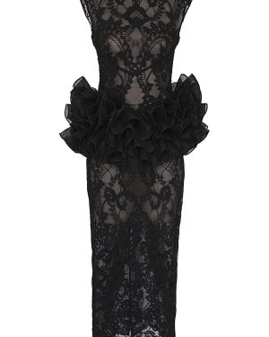 Zimmermann - Ruffled Lace Peplum Midi Dress - Black - 2 - Moda Operandi