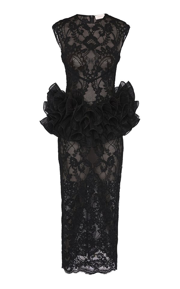 Zimmermann - Ruffled Lace Peplum Midi Dress - Black - 2 - Moda Operandi