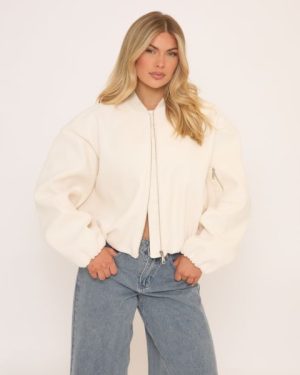 Zip Front Brushed Bomber Jacket In Cream, Women's Size UK Large L