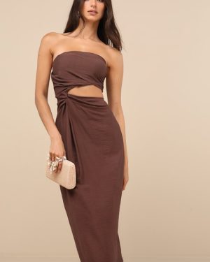 Zisel Brown Cutout Strapless Midi Dress