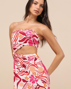 Zisel Ivory and Pink Floral Cutout Strapless Midi Dress