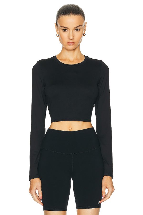 alo Alosoft Crop Finesse Long Sleeve Top in Black - Black. Size M (also in S, XS).
