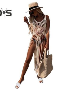 (apricot) Boho Beach Dress For Women Hollow Fringe Hem Sexy Cover Up Dress Summer Bathing Suits Smock Crochet Tassel Sling Beachwear