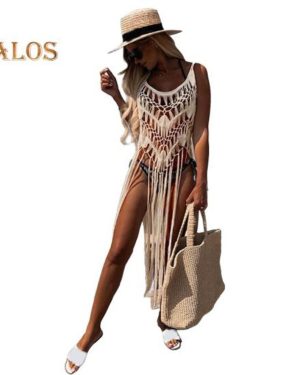 (apricot) Boho Beach Dress For Women Hollow Fringe Hem Sexy Cover Up Dress Summer Bathing Suits Smock Crochet Tassel Sling Beachwear