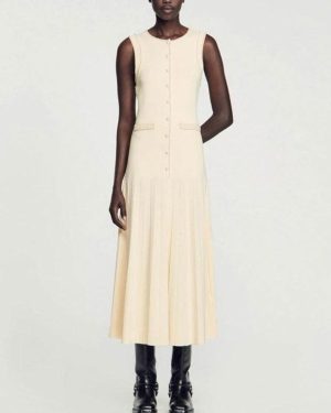 (apricot, S) "2024 French Chic Round Neck Pearl Knitted Sleeveless Slim Maxi Dress"