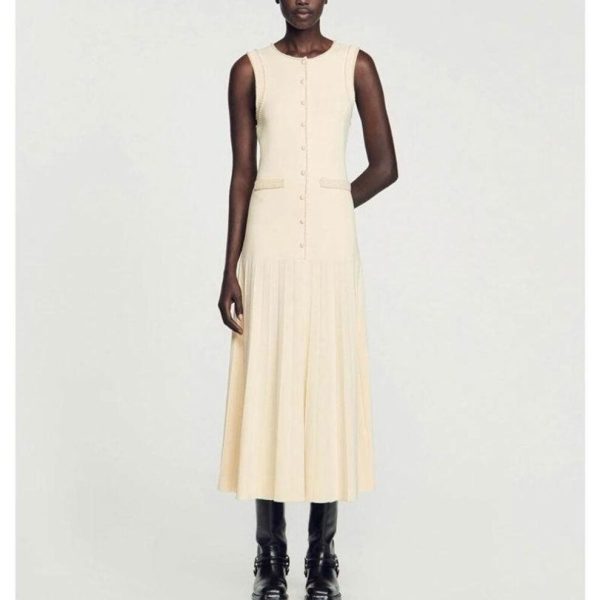(apricot, S) "2024 French Chic Round Neck Pearl Knitted Sleeveless Slim Maxi Dress"