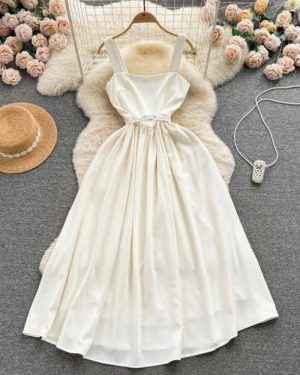 (apricot, S) Chic Sexy Square Neck High Waist Slip Dress Fairy Casual A-line Dress Summer Beach Vacation Vestidos Women Boho Sundress