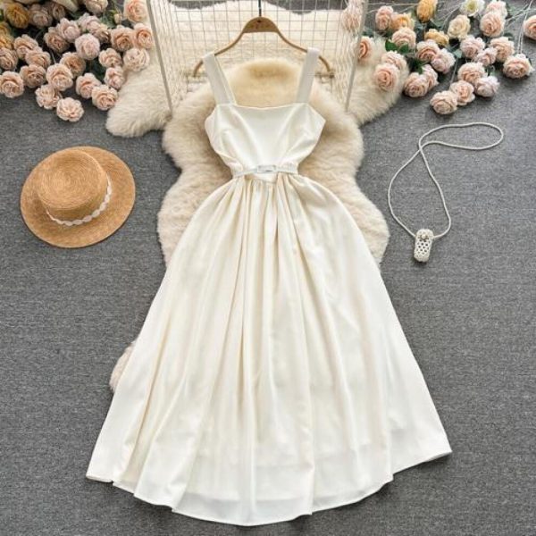 (apricot, S) Chic Sexy Square Neck High Waist Slip Dress Fairy Casual A-line Dress Summer Beach Vacation Vestidos Women Boho Sundress