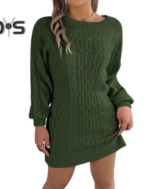 (army green, M) Winter Sweater Dress Knit Elastic Thick Round Neck Long Sleeves Solid Color Slim Fit Lantern Sleeves Sheath Above Knee Length Mini Dre