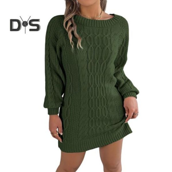 (army green, M) Winter Sweater Dress Knit Elastic Thick Round Neck Long Sleeves Solid Color Slim Fit Lantern Sleeves Sheath Above Knee Length Mini Dre