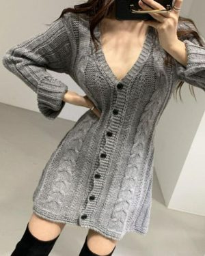 (army green, One Size) "2025 Chic Korean V-neck Single-breasted Off-shoulder Slim Dress"