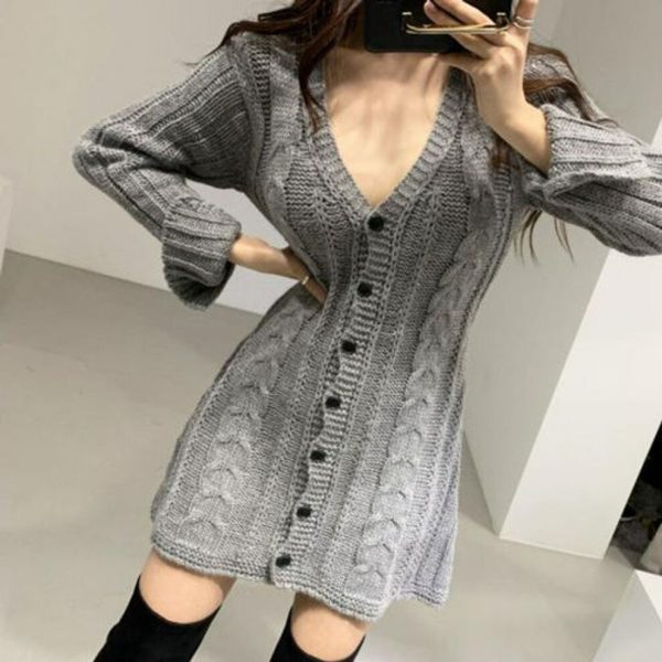 (army green, One Size) "2025 Chic Korean V-neck Single-breasted Off-shoulder Slim Dress"