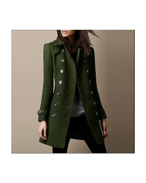 (army green, XL) Women's Military Style Stand Collar Woolen Coat Double Breasted Woolen Blends Coat