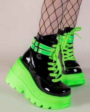 (as the picture, 43) New Arrrivals Brand Platform High Wedges Motorcycle Women's Boots Light Green Lace Up Punk Goth Autumn Winter Shoes