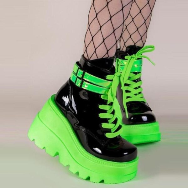 (as the picture, 43) New Arrrivals Brand Platform High Wedges Motorcycle Women's Boots Light Green Lace Up Punk Goth Autumn Winter Shoes