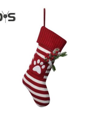 (as the picture, A) Knitted Christmas Stocking White Stripes Hanging Stockings Festive Decor Stocking Gift Bag For Christmas Trees Mantels Windows