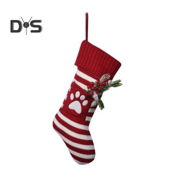 (as the picture, A) Knitted Christmas Stocking White Stripes Hanging Stockings Festive Decor Stocking Gift Bag For Christmas Trees Mantels Windows