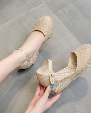 (beige, 35) Women's Summer Fashion Casual Wedge Heel Peep Toe Sandals Platform Sandals Strap Espadrilles