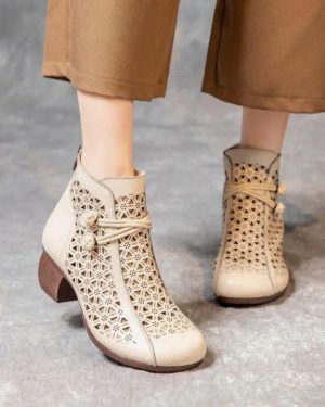 (beige, 39) Johnature Retro Handmade Summer Hollow Out Boots Genuine Leather Thick Heeled Sandals Versatile Women's Shoes