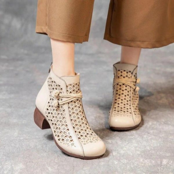 (beige, 39) Johnature Retro Handmade Summer Hollow Out Boots Genuine Leather Thick Heeled Sandals Versatile Women's Shoes