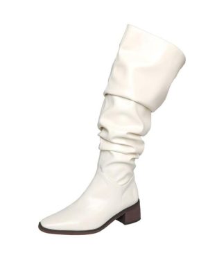 (beige, 40) Meotina Women Over-the-knee Boots Square Toe Thick Mid Heels Pleated Long Boot Ladies Fashion Shoes Autumn Winter Beige Black 40