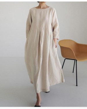 (beige, L) Spring And Summer Women's Dress Loose Large Size Cotton Linen Round Neck Pullover Solid Color Long Dress Swing Dress