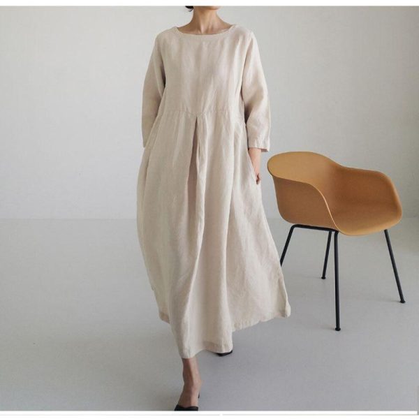 (beige, L) Spring And Summer Women's Dress Loose Large Size Cotton Linen Round Neck Pullover Solid Color Long Dress Swing Dress