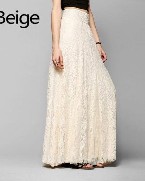 (beige, M) Women Dress Maxi Long Lace Full Boho Skirt Pleated Beach Tulle Elegant S-xl