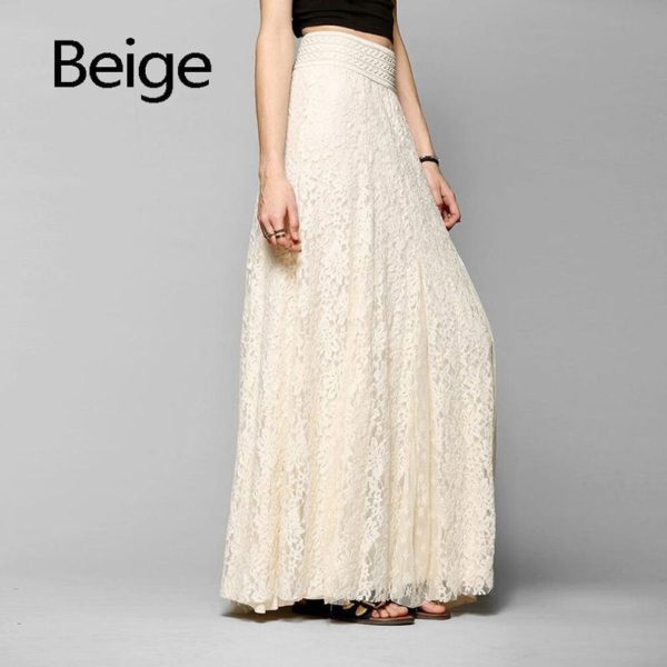 (beige, M) Women Dress Maxi Long Lace Full Boho Skirt Pleated Beach Tulle Elegant S-xl