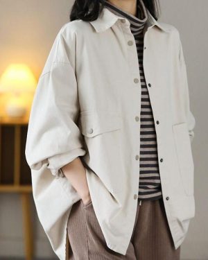 (beige, XXXL) Loose Women's Windbreaker With Long Sleeves And Vintage Style Shirt Coat