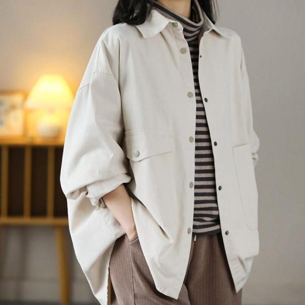 (beige, XXXL) Loose Women's Windbreaker With Long Sleeves And Vintage Style Shirt Coat