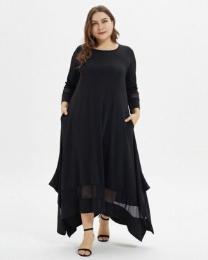 (black, 2XL) Loose Oversized Plus Size Muslim Dress Women Summer O Neck Casual Maxi Long Dress Black Ladies Tunic Irregular Dresses