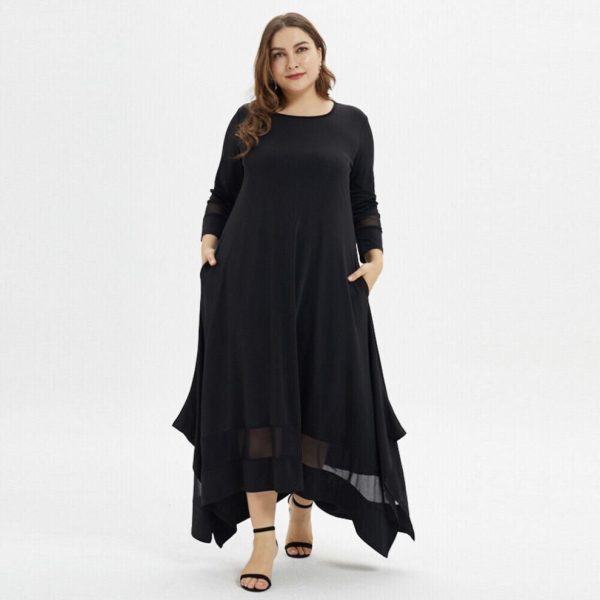 (black, 2XL) Loose Oversized Plus Size Muslim Dress Women Summer O Neck Casual Maxi Long Dress Black Ladies Tunic Irregular Dresses