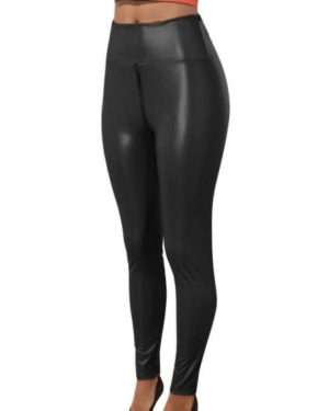 (black, 2XL) Sexy Women Faux Leather Pants Zipper Open Control Butt-lifted Crotch Skinny Tummy Matte Soft Breathable Exotic Bodycon Trousers Party Nig