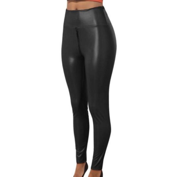 (black, 2XL) Sexy Women Faux Leather Pants Zipper Open Control Butt-lifted Crotch Skinny Tummy Matte Soft Breathable Exotic Bodycon Trousers Party Nig