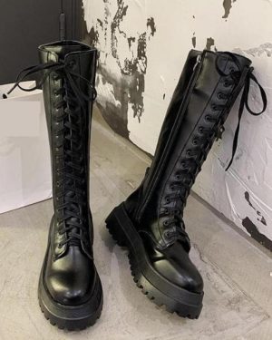 (black, 35) Women Punk Increasing Long Woman Lace Up Booties Zip Chelsea Women Shoes Chunky Platform Pu Leather Knee High Boots