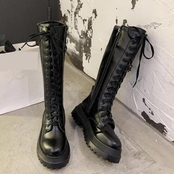 (black, 35) Women Punk Increasing Long Woman Lace Up Booties Zip Chelsea Women Shoes Chunky Platform Pu Leather Knee High Boots