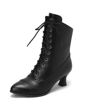 (black, 36) Annymoli Women Ankle Short Boots Pointed Toe Block High Heels Lace-up Zipper Combat Boots Ladies Fashion Shoes Winter White 46